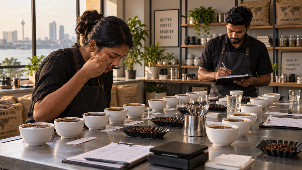 The Beans team cupping coffee at the Colombo roastery